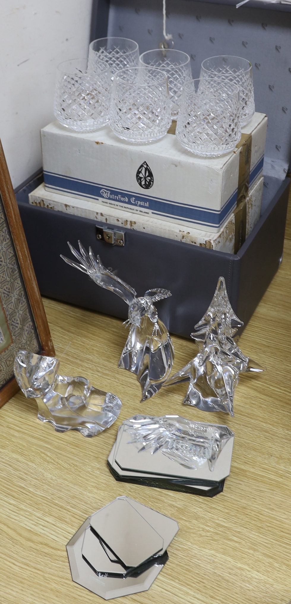 Three boxed sets of Waterford glasses including Alana pattern sherry, a Swarovski eagle (a.f.) and two other glass pieces